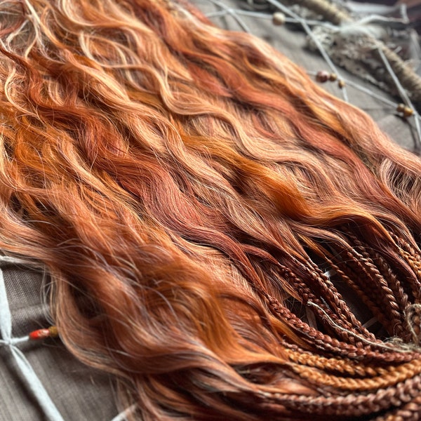 Temporary Braidy Waves set, Red Flames set, orange, copper, ginger braids with free wavy curls, boho hairstyle, braids extensions