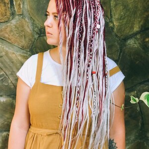 Synthetic dreads,burning man set , ombre wine color and white smooth dreadlocks extensions SE or DE dreads burgundy cherry color image 2