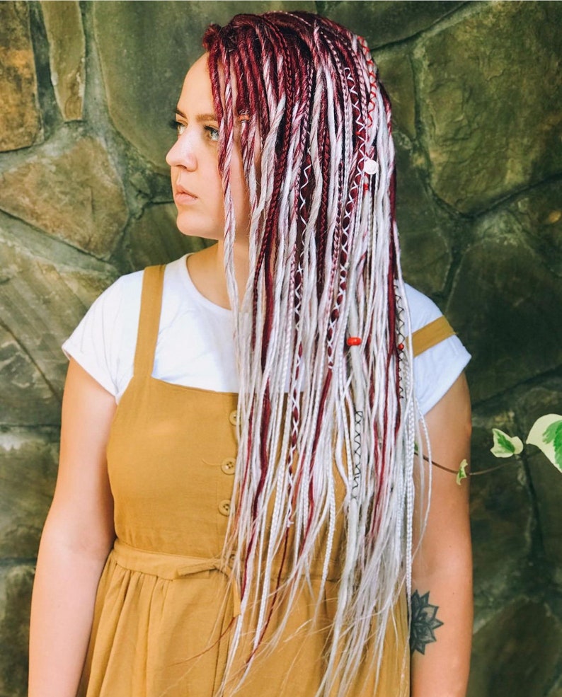 Synthetic dreads,burning man set , ombre wine color and white smooth dreadlocks extensions SE or DE dreads burgundy cherry color image 2