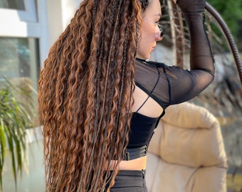 Curly mix, Cinnamon mermaid braids, Synthetic Dreads and braids, dready waves, copper dreadlocks with accessories, boho hairstyle, bohemian