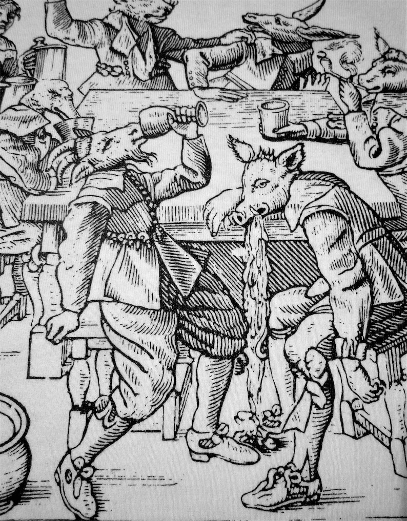May include: A black and white woodcut illustration of a group of animals, including a pig, a donkey, and a bird, sitting at a table and drinking. The pig is vomiting into a glass.