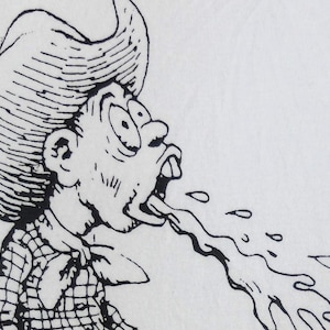 Könnte beinhalten: Schwarz-Weiß-Cartoon-Illustration einer Person mit Cowboyhut und kariertem Hemd, mit überraschtem Gesichtsausdruck. Der Mund der Person ist geöffnet, und ein Flüssigkeitsstrahl kommt heraus.