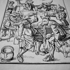 May include: Black and white woodcut print depicting a group of people, some with animal heads, seated around a table drinking. The scene is lively and humorous, with one figure wearing a pig's head and spilling a drink.