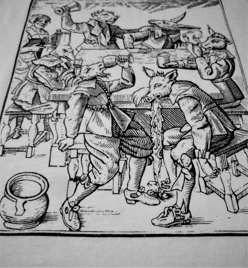 May include: Black and white woodcut print depicting a group of people, some with animal heads, seated around a table drinking. The scene is lively and humorous, with one figure wearing a pig's head and spilling a drink.