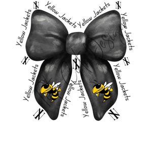 May include: Black bow with a yellow and black bee design on each side. The bow has the text "Yellow Jackets" written around it.