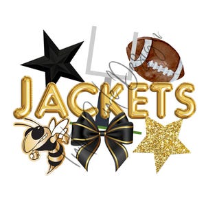 May include: Gold foil letters spelling "JACKETS" with a black star, a gold glitter star, a black bow, a football, and a cartoon yellow and black bee.