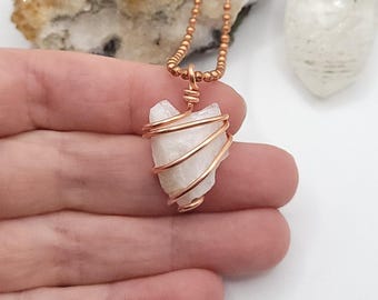 Raw Moonstone Necklace in Copper, Crystal Pendant for Feminine Energy