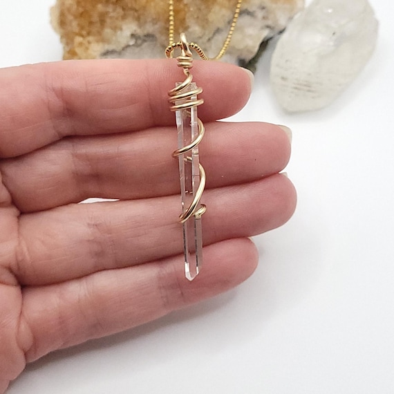 Lemurian Crystal Necklace in Gold | Raw Quartz Pendant | High Frequency Stone | Spiritual Healing Gift | Rare High Vibration Crystal