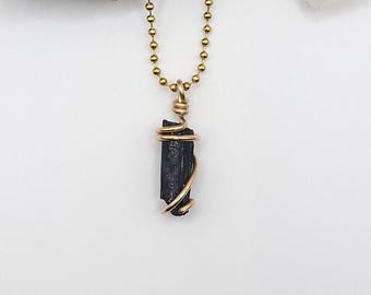 Black Tourmaline Necklace, Gold Wire Wrapped Black Tourmaline Pendant