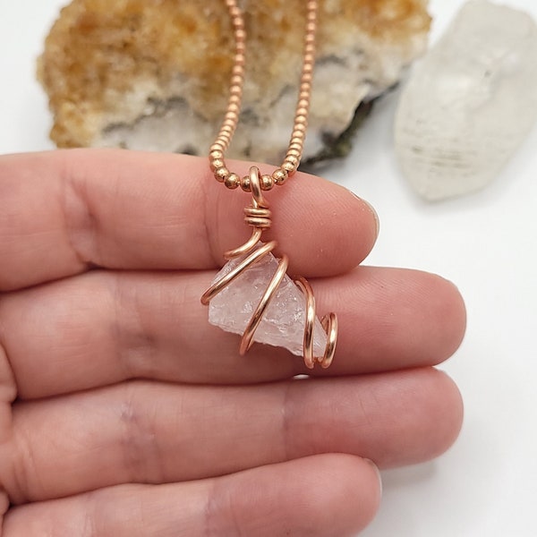 Rose Quartz Necklace, Copper Wire Wrapped Rose Quartz Pendant | Promotes Self Love, Unconditional Love and Romantic Love