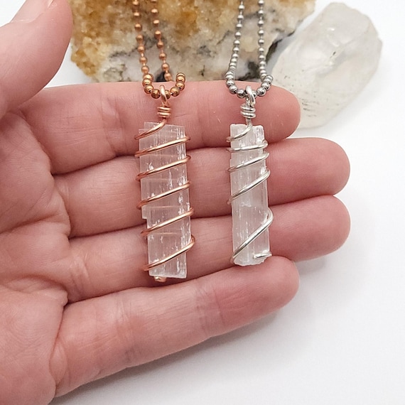 Raw Selenite Necklace in Silve or Copper | Crystal for Cleansing