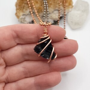 Obsidian Necklace Raw, Silver Wire Wrapped Obsidian Pendant, Copper Obsidian Jewelry, Crystal Gift image 4