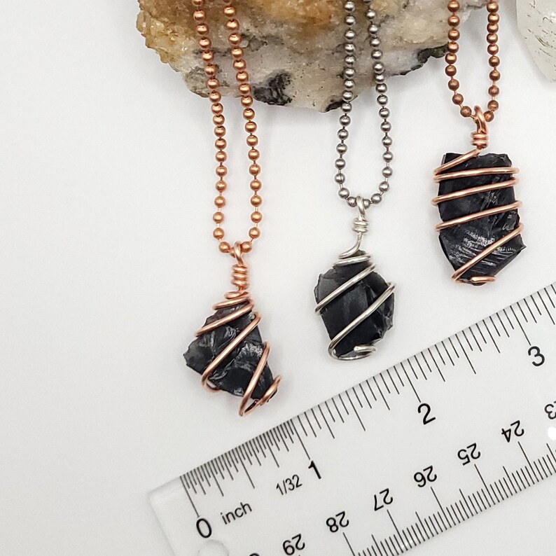 Obsidian Necklace Raw, Silver Wire Wrapped Obsidian Pendant, Copper Obsidian Jewelry, Crystal Gift image 7