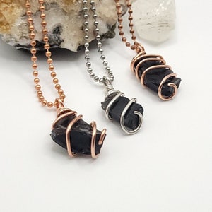 Raw Obsidian Necklace: Silver & Copper Wire Wrapped Crystal Pendant