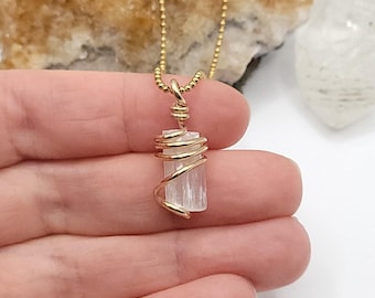 Raw Selenite Necklace in Gold: High Vibration Crystal Pendant
