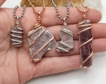 Raw Lepidolite Necklace in Silver or Copper: Stress Relief & Emotional Balance Crystal