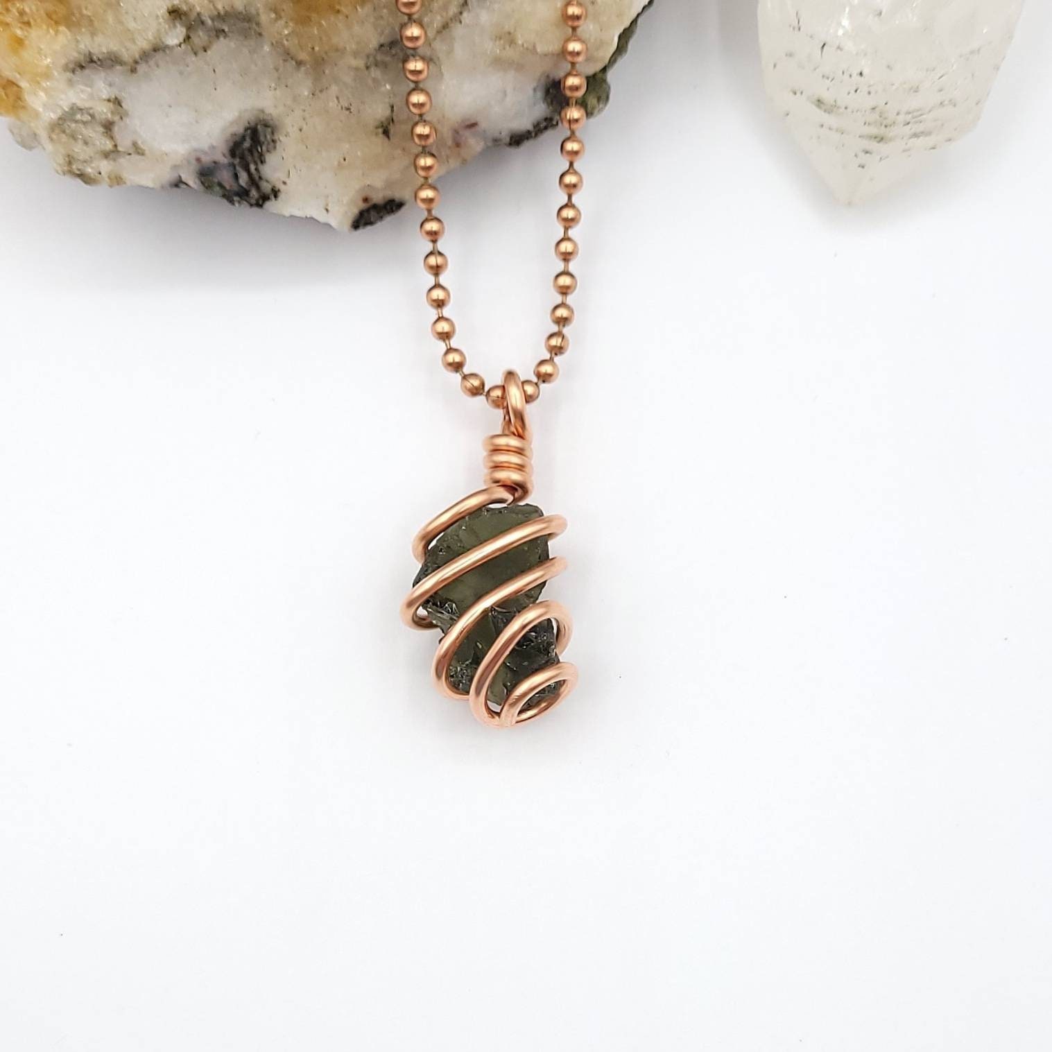 Moldavite Necklace, Copper Wire Wrapped Moldavite Pendant, Tektite Jewelry, Rare Crystal Necklace