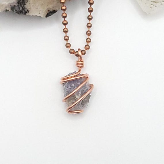 Raw Iolite Necklace, Copper Wire Wrapped Iolite Pendant