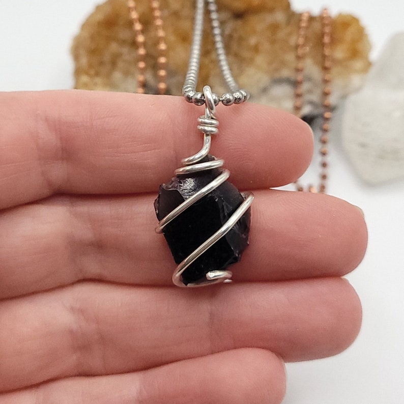 Obsidian Necklace Raw, Silver Wire Wrapped Obsidian Pendant, Copper Obsidian Jewelry, Crystal Gift image 5