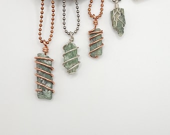 Green Kyanite Necklace, Silver Wrapped Green Kyanite Pendant, Rare Crystal Necklace, Raw Green Kyanite Copper