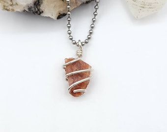Red Calcite Necklace, Silver Wire Wrapped Red Calcite Pendant