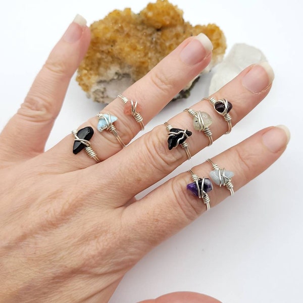 CLEARANCE Crystal Rings, Size 7 Ring, Larimar Ring, Onyx Ring, Rhodochrosite Ring, Obsidian Ring,  Prehnite Ring, Charoite Ring, Garnet Ring