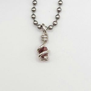 May include: A silver chain necklace with a pendant featuring a small, dark red gemstone wrapped in silver wire.