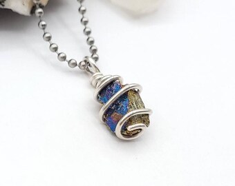 Raw Peacock Ore Necklace in Silver or Copper: Chalcopyrite Crystal for Joy and Positive Energy