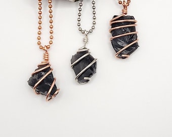 Obsidian Necklace Raw, Silver Wire Wrapped Obsidian Pendant, Copper Obsidian Jewelry, Crystal Gift