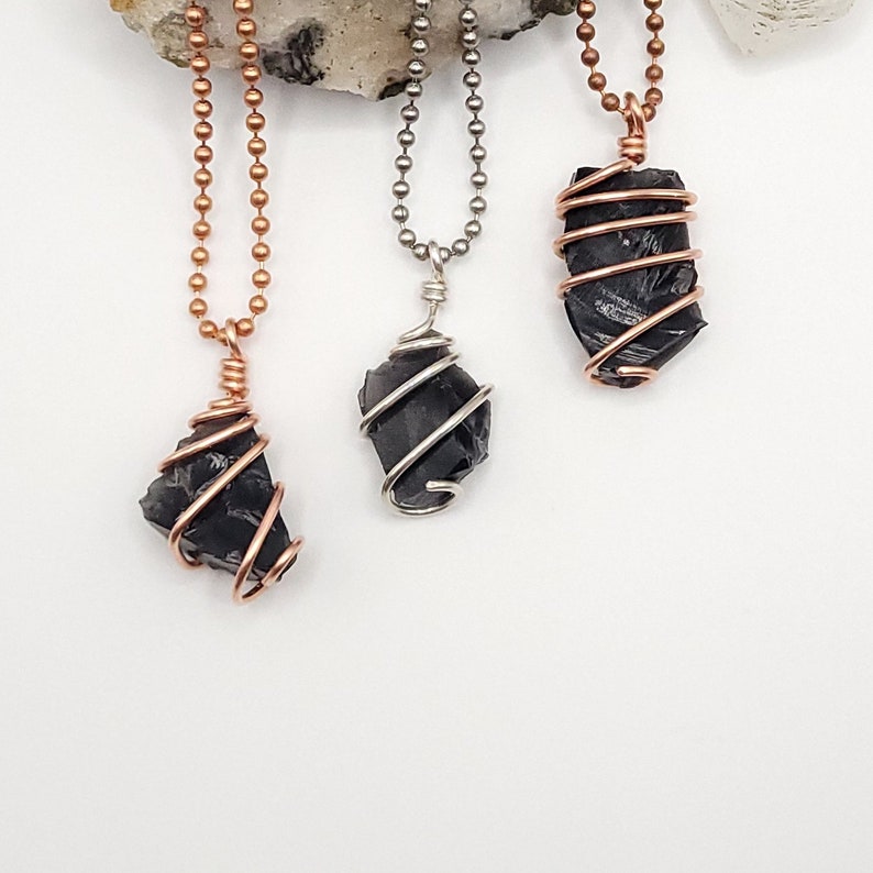 Obsidian Necklace Raw, Silver Wire Wrapped Obsidian Pendant, Copper Obsidian Jewelry, Crystal Gift image 1