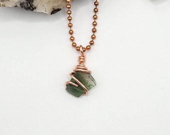 Green Moss Agate Necklace, Copper Wire Wrapped Moss Agate Pendant