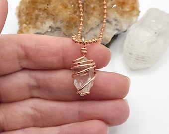 Herkimer Diamond Quartz Necklace, Copper Wire Wrapped Herkimer Pendant