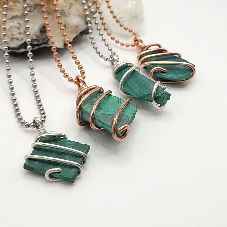 Malachite Necklace, Real Silver and Copper Wire Wrapped Malachite Pendant, Malachite Jewelry, Malachite Crystal Necklace image 3