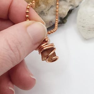 raw aragonite necklace in copper wire with a copper ball chain