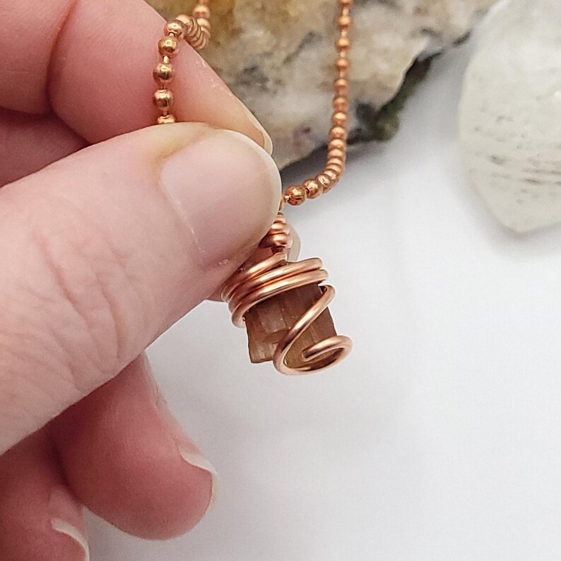 raw aragonite necklace in copper wire with a copper ball chain