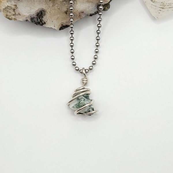 Tree Agate Necklace, Silver Wire Wrapped Tree Agate Pendant