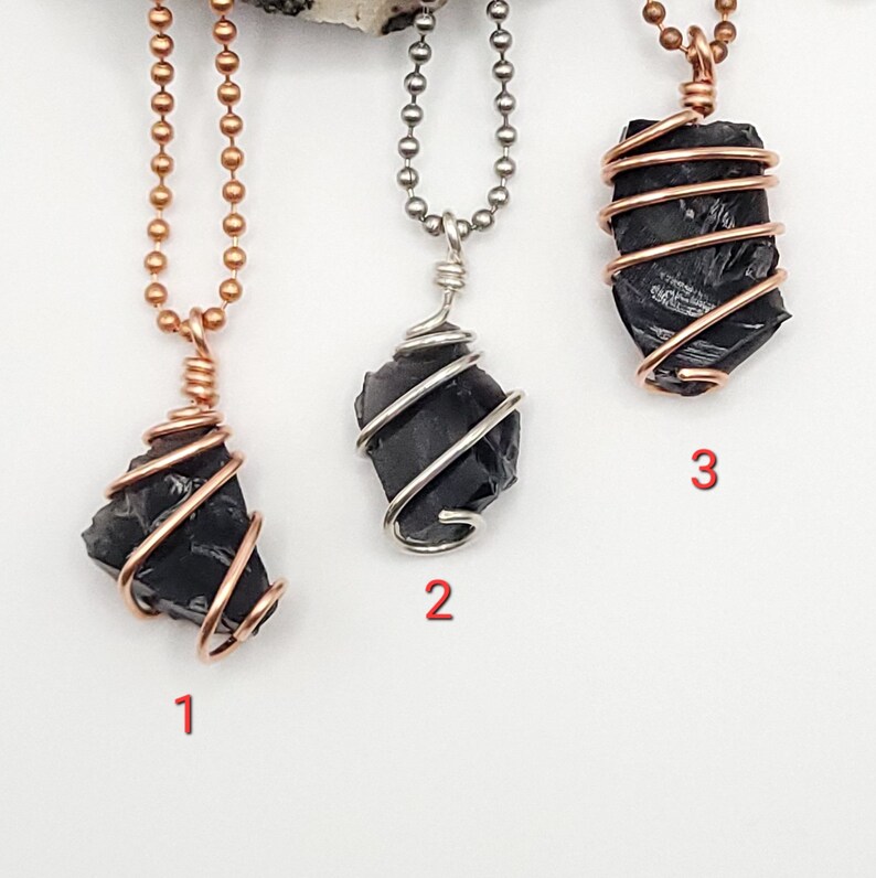 Obsidian Necklace Raw, Silver Wire Wrapped Obsidian Pendant, Copper Obsidian Jewelry, Crystal Gift image 2