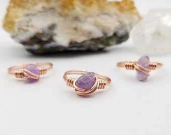 Amethyst Ring, Copper Wire Wrapped Ring, February Birthstone Ring