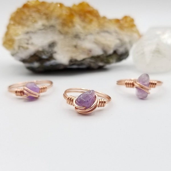 Amethyst Ring, Copper Wire Wrapped Ring, February Birthstone Ring