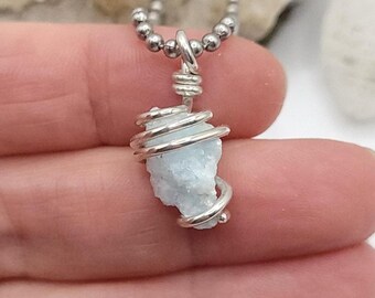 Raw Blue Aragonite Necklace in Copper: Small Crystal Pendant for Calm and Emotional Healing