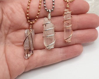 Clear Quartz Necklace, Wire Wrapped Quartz Pendant, Silver Quartz Point Necklace, Crystal Jewelry, Copper Crystal Pendant