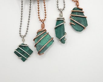 Malachite Necklace, Real Silver and Copper Wire Wrapped Malachite Pendant, Malachite Jewelry, Malachite Crystal Necklace