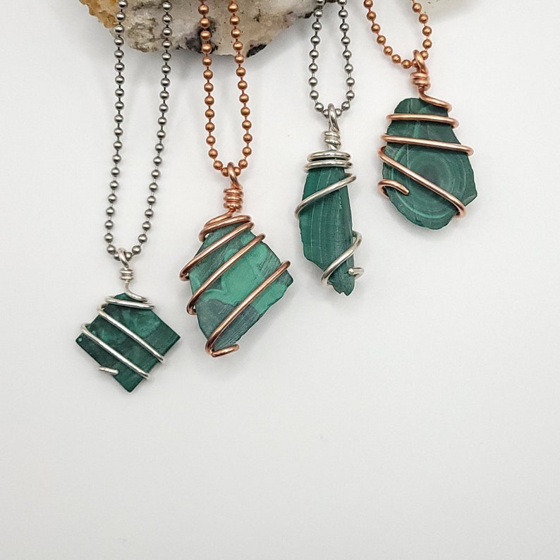 Malachite Necklace, Real Silver and Copper Wire Wrapped Malachite Pendant, Malachite Jewelry, Malachite Crystal Necklace image 1