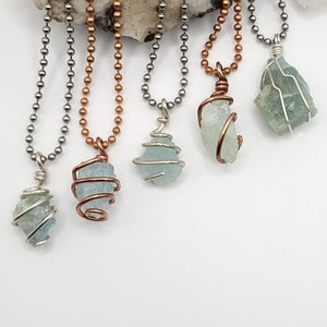 Raw Aquamarine Necklace in Silver or Copper: Calm & Communication Crystal