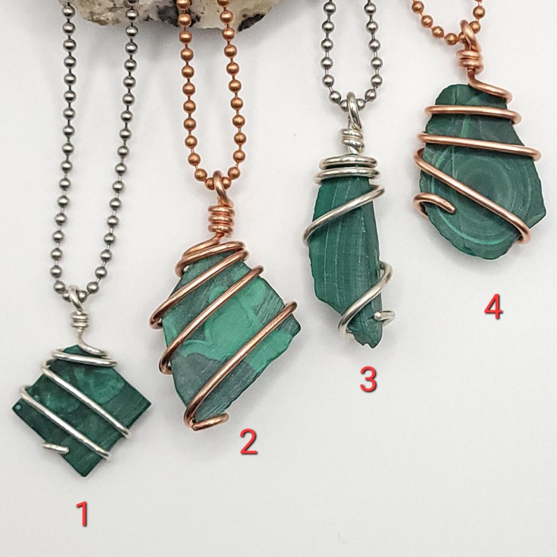 Malachite Necklace, Real Silver and Copper Wire Wrapped Malachite Pendant, Malachite Jewelry, Malachite Crystal Necklace image 2