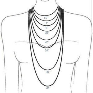 May include: A diagram showing different necklace lengths on a model, ranging from 16 inches to 36 inches.
