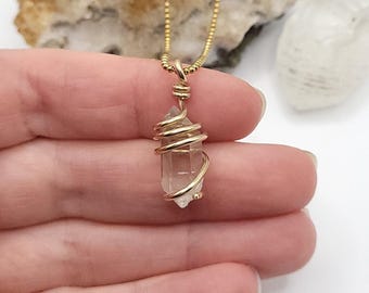 Herkimer Diamond Quartz Necklace in Gold, The Stone of Attunement
