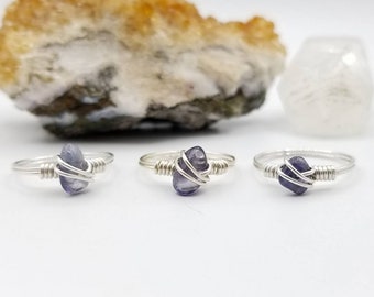 Iolite Ring, Silver Wire Wrapped Ring, Iolite Crystal Jewelry, Crystal Ring