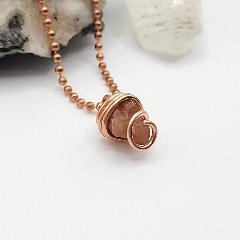 raw aragonite necklace in copper wire with a copper ball chain side view