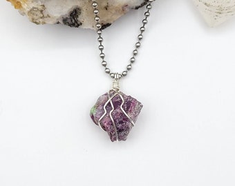 Ruby in Zoisite Necklace, Silver Wire Wrapped Ruby in Zoisite Pendant